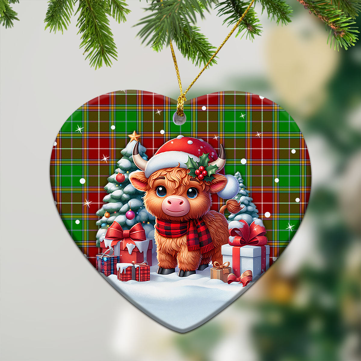 Baxter Modern Tartan Christmas Ceramic Ornament - Highland Cow Winter Style