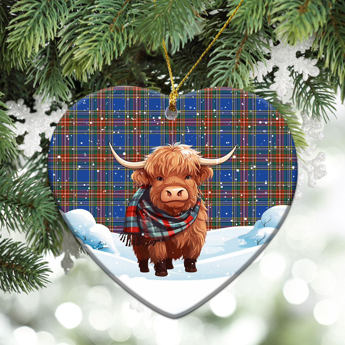 Beaton Ancient Tartan Christmas Ceramic Ornament - Highland Cows Snow Style