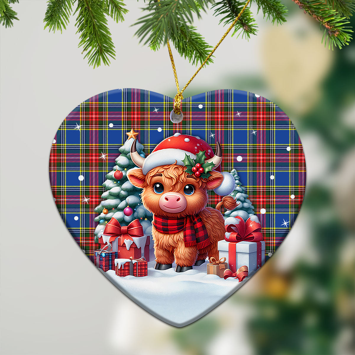 Beaton Modern Tartan Christmas Ceramic Ornament - Highland Cow Winter Style