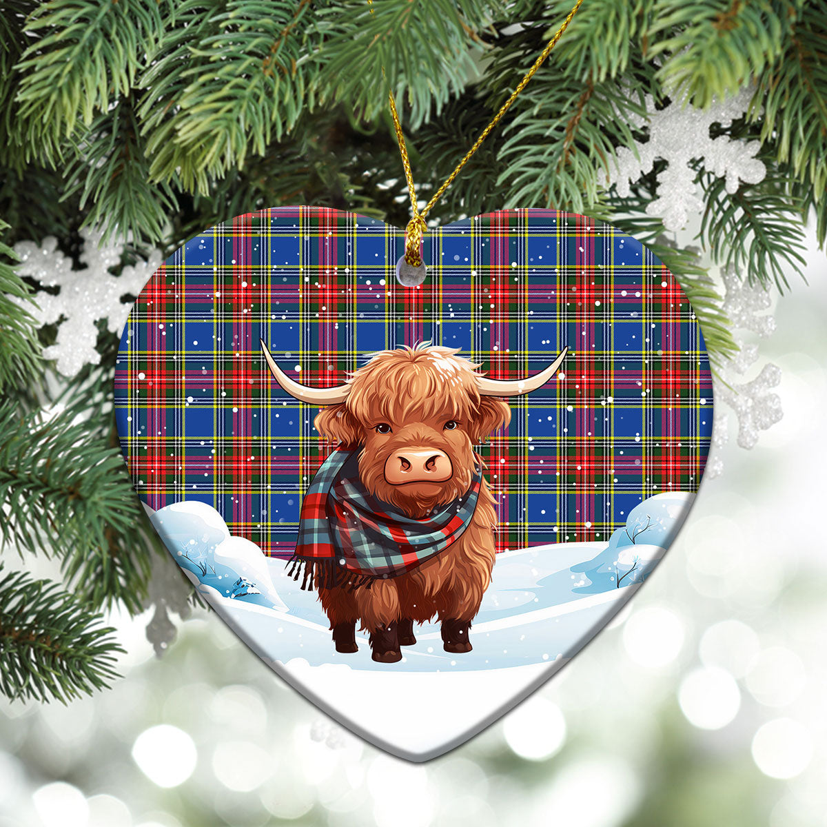 Beaton Modern Tartan Christmas Ceramic Ornament - Highland Cows Snow Style