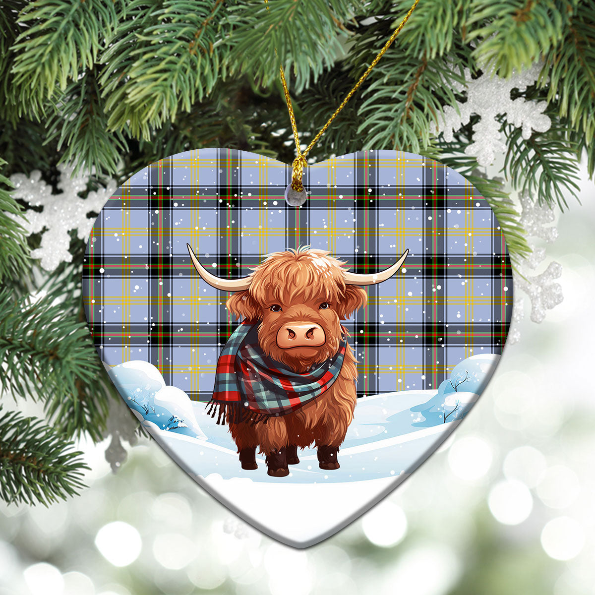 Bell of the Borders Tartan Christmas Ceramic Ornament - Highland Cows Snow Style