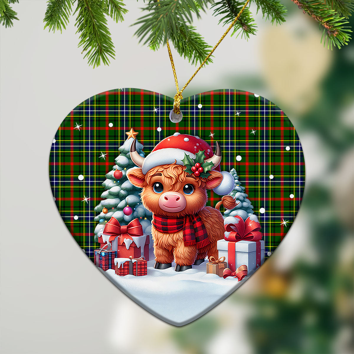 Bisset Tartan Christmas Ceramic Ornament - Highland Cow Winter Style