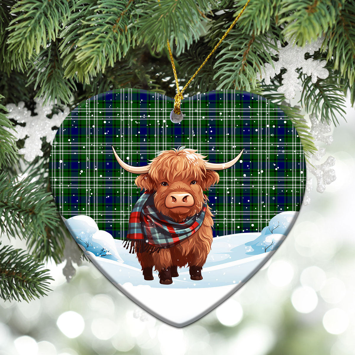 Blackadder Tartan Christmas Ceramic Ornament - Highland Cows Snow Style