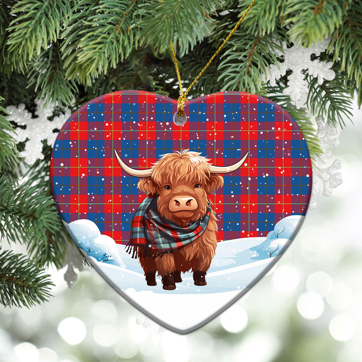 Blane Tartan Christmas Ceramic Ornament - Highland Cows Snow Style