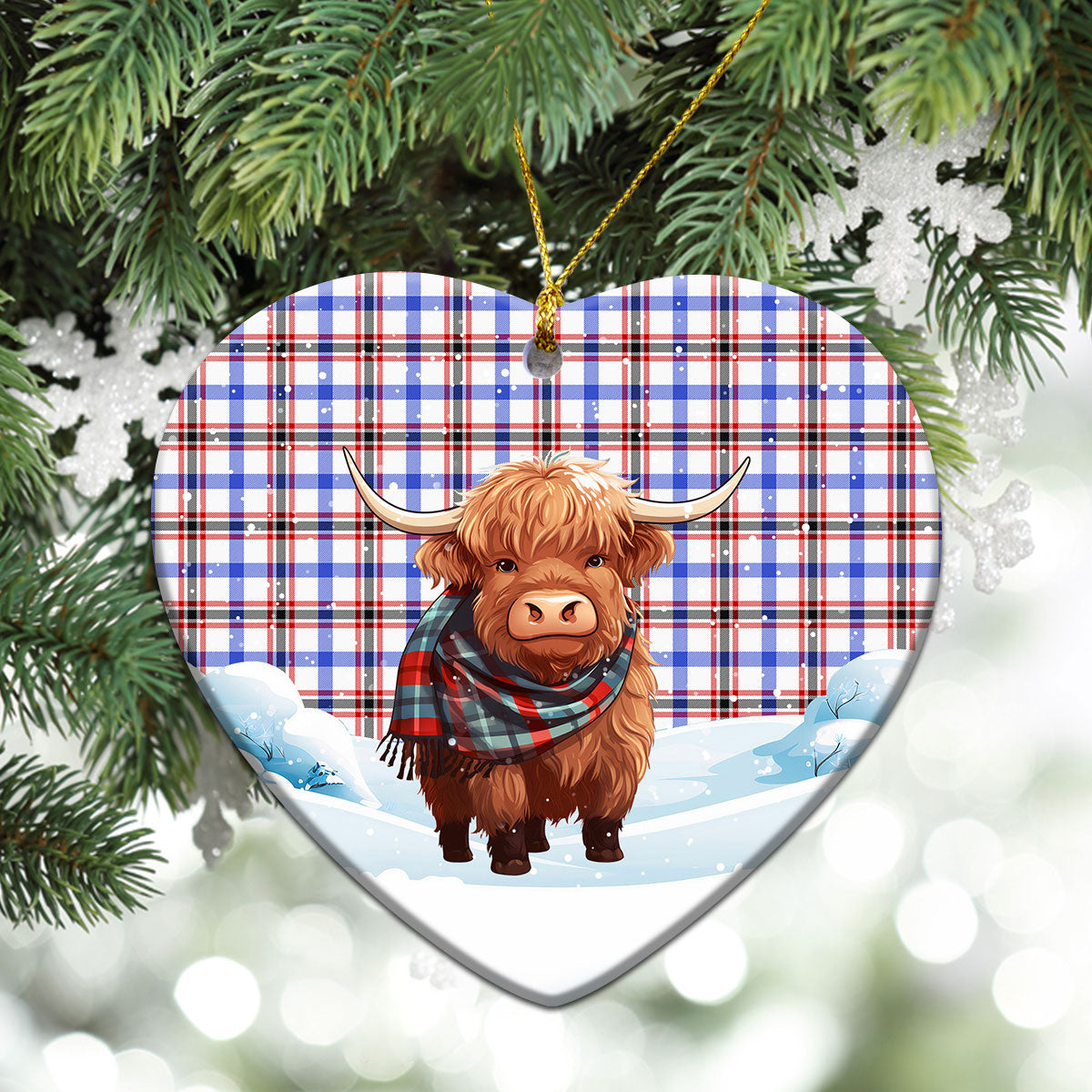 Boswell Modern Tartan Christmas Ceramic Ornament - Highland Cows Snow Style