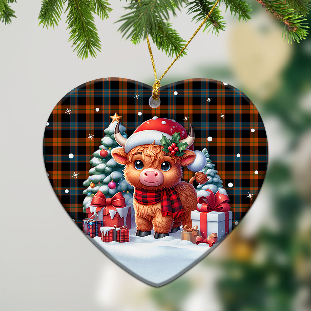 Brown Ancient Tartan Christmas Ceramic Ornament - Highland Cow Winter Style