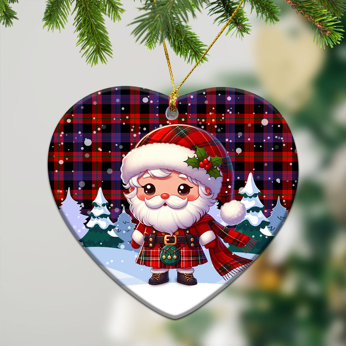 Brown Modern Tartan Christmas Ceramic Ornament - Santa Claus In Kilt Style