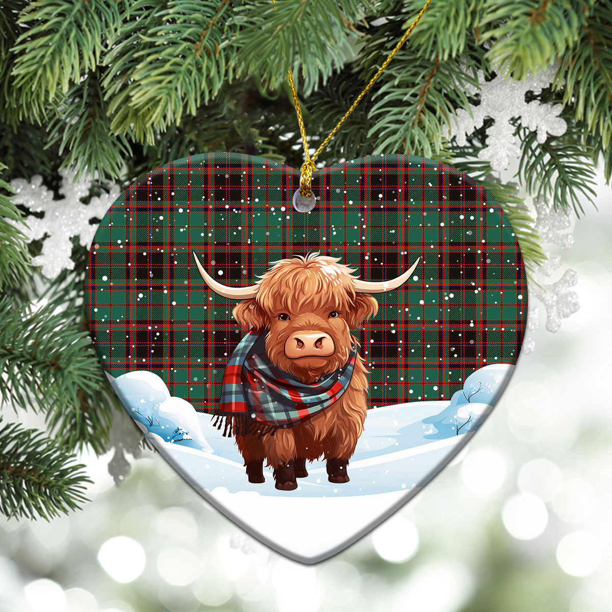 Buchan Ancient Tartan Christmas Ceramic Ornament - Highland Cows Snow Style