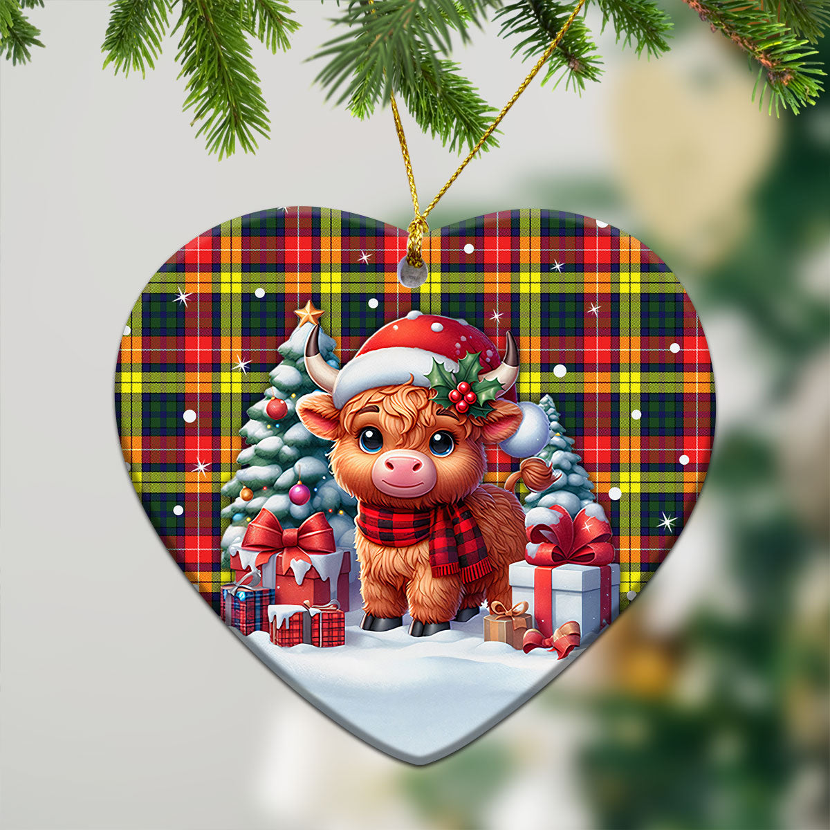 Buchanan Modern Tartan Christmas Ceramic Ornament - Highland Cow Winter Style