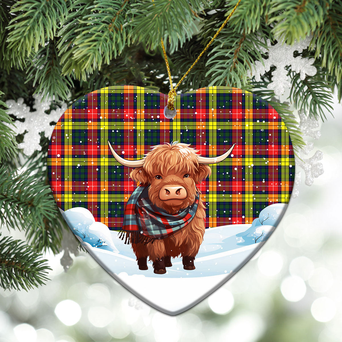 Buchanan Modern Tartan Christmas Ceramic Ornament - Highland Cows Snow Style