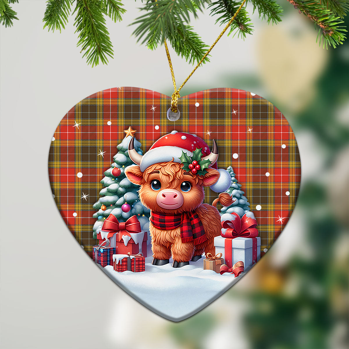 Buchanan Old Set Weathered Tartan Christmas Ceramic Ornament - Highland Cow Winter Style