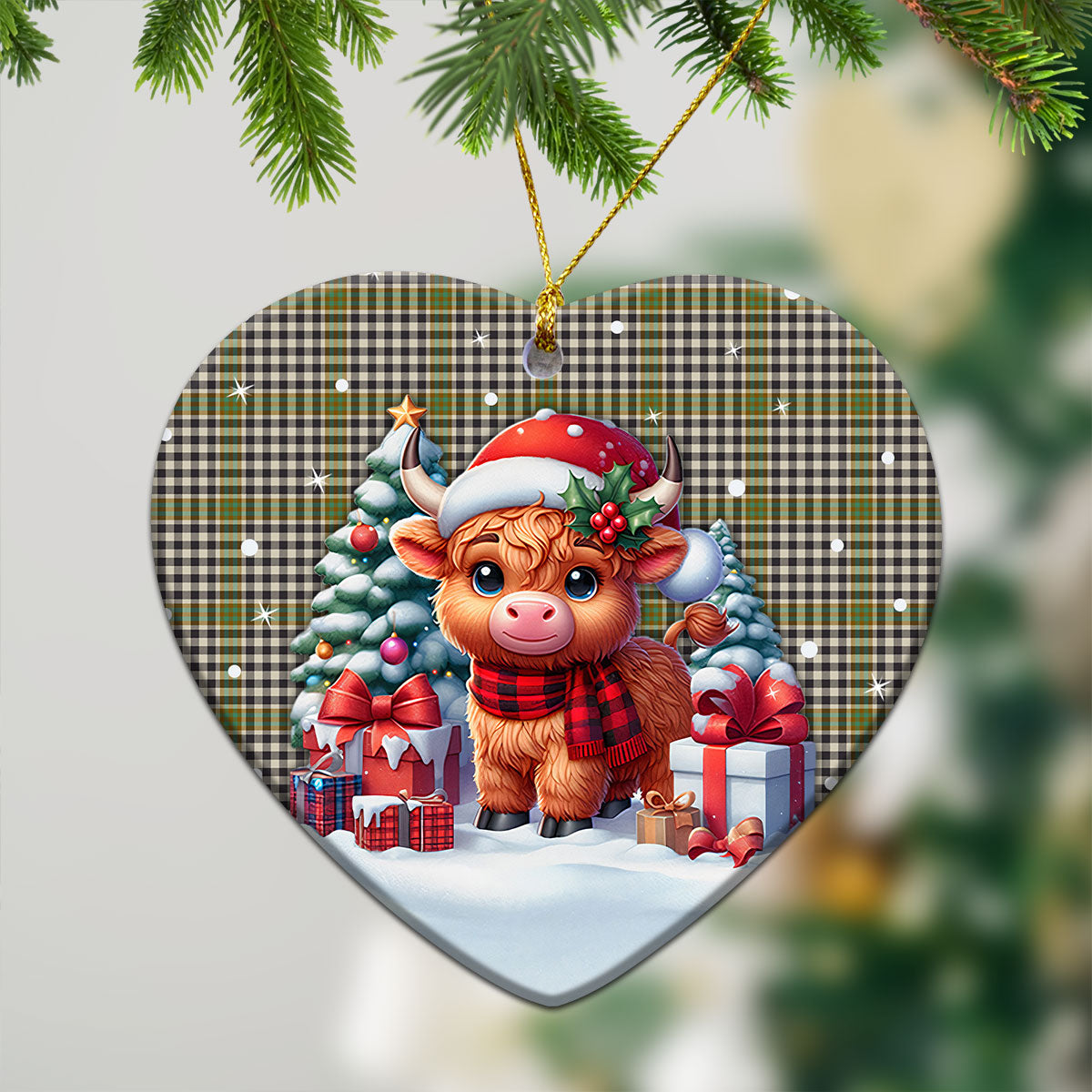 Burns Check Tartan Christmas Ceramic Ornament - Highland Cow Winter Style