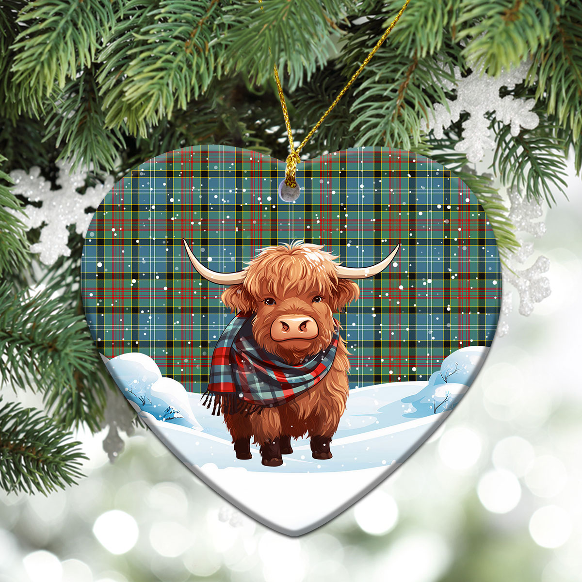 Caldwell Tartan Christmas Ceramic Ornament - Highland Cows Snow Style