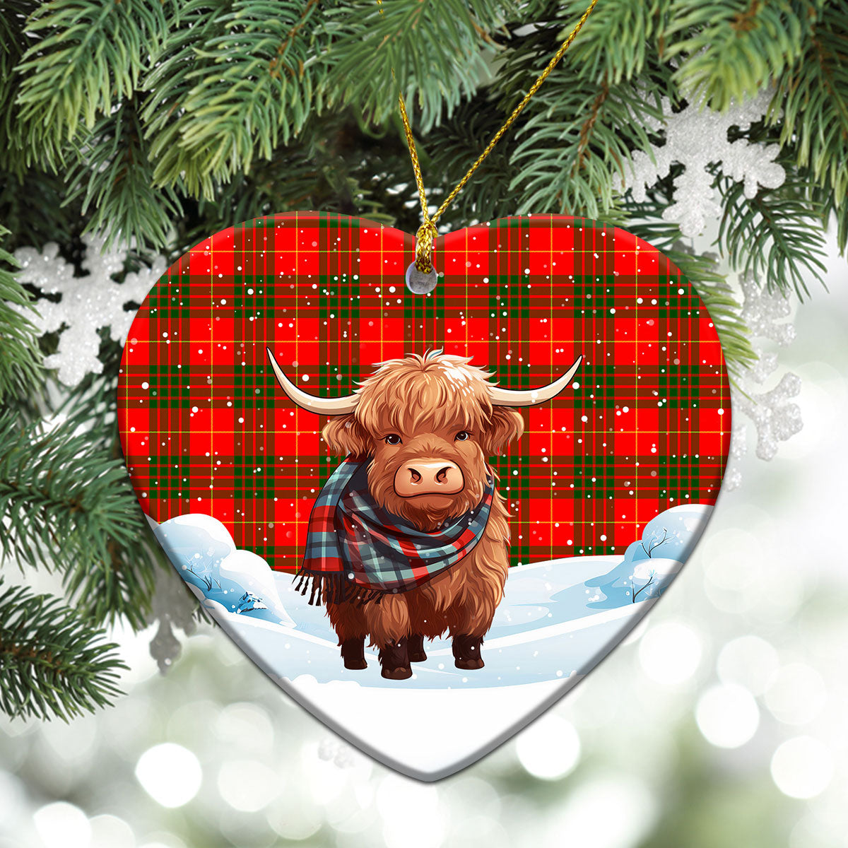 Cameron Modern Tartan Christmas Ceramic Ornament - Highland Cows Snow Style