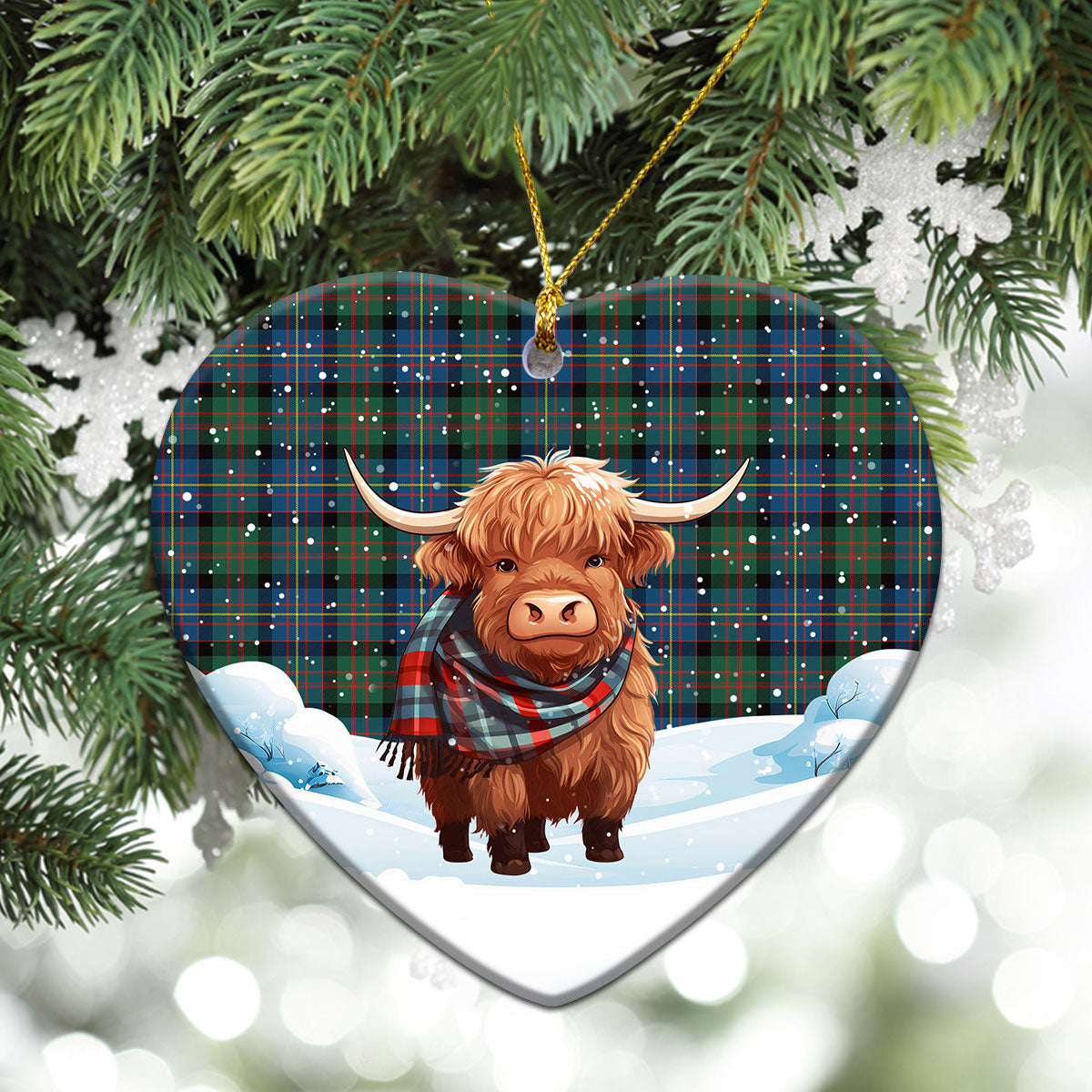 Cameron of Erracht Ancient Tartan Christmas Ceramic Ornament - Highland Cows Snow Style