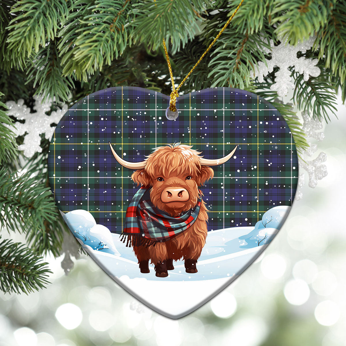 Campbell Argyll Modern Tartan Christmas Ceramic Ornament - Highland Cows Snow Style