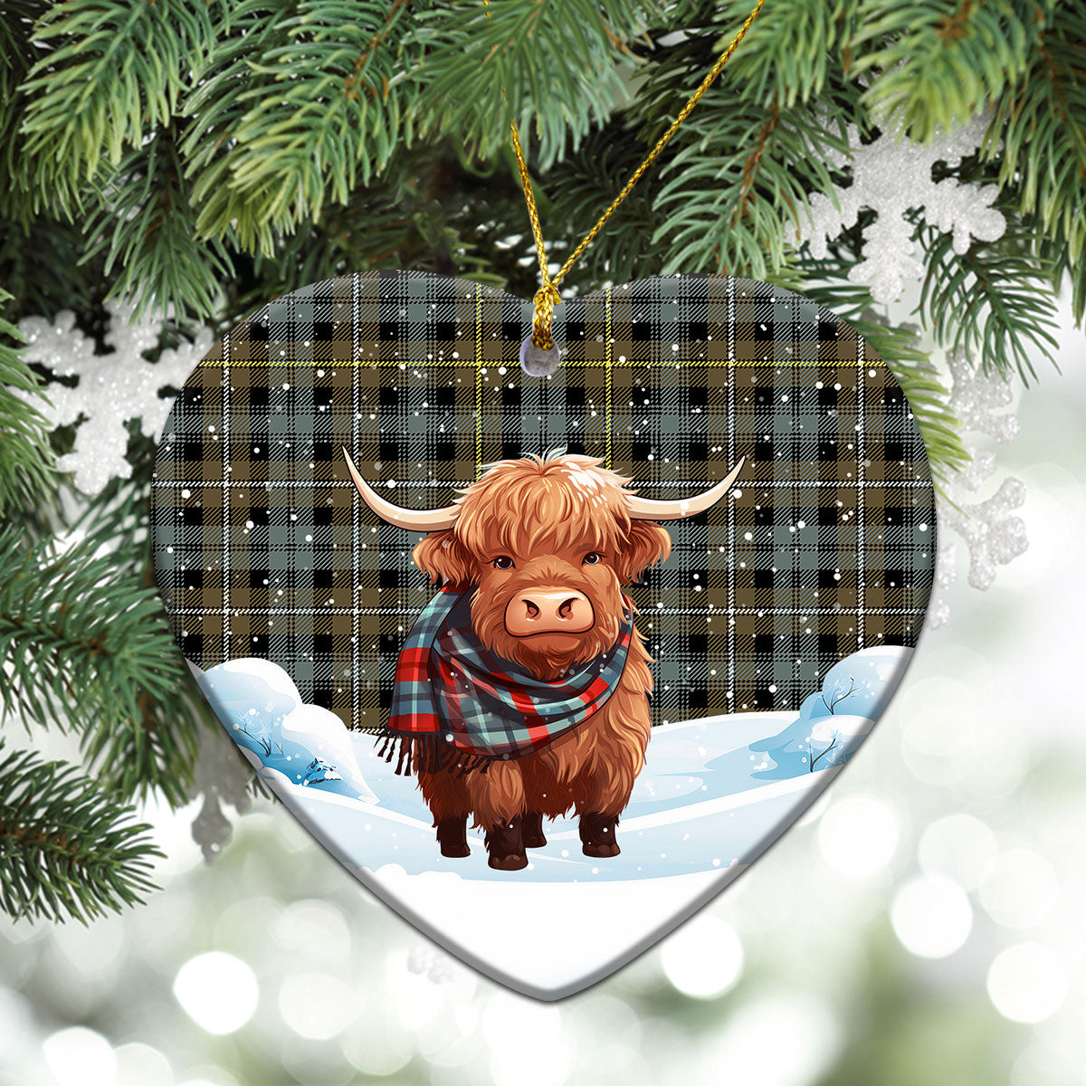 Campbell Argyll Weathered Tartan Christmas Ceramic Ornament - Highland Cows Snow Style