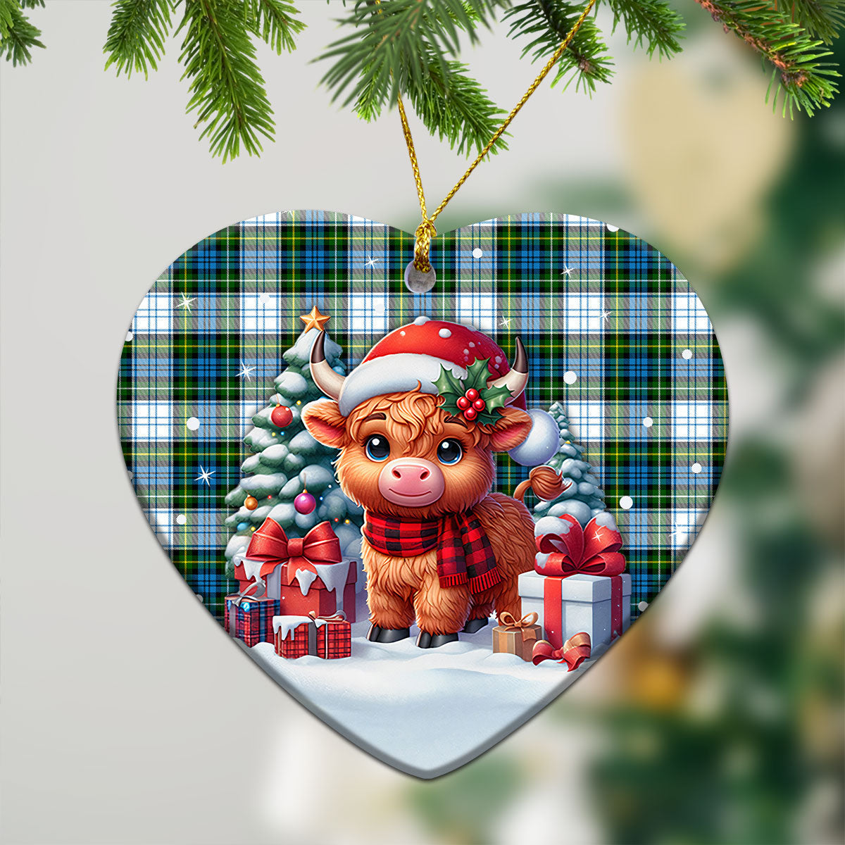 Campbell Dress Tartan Christmas Ceramic Ornament - Highland Cow Winter Style