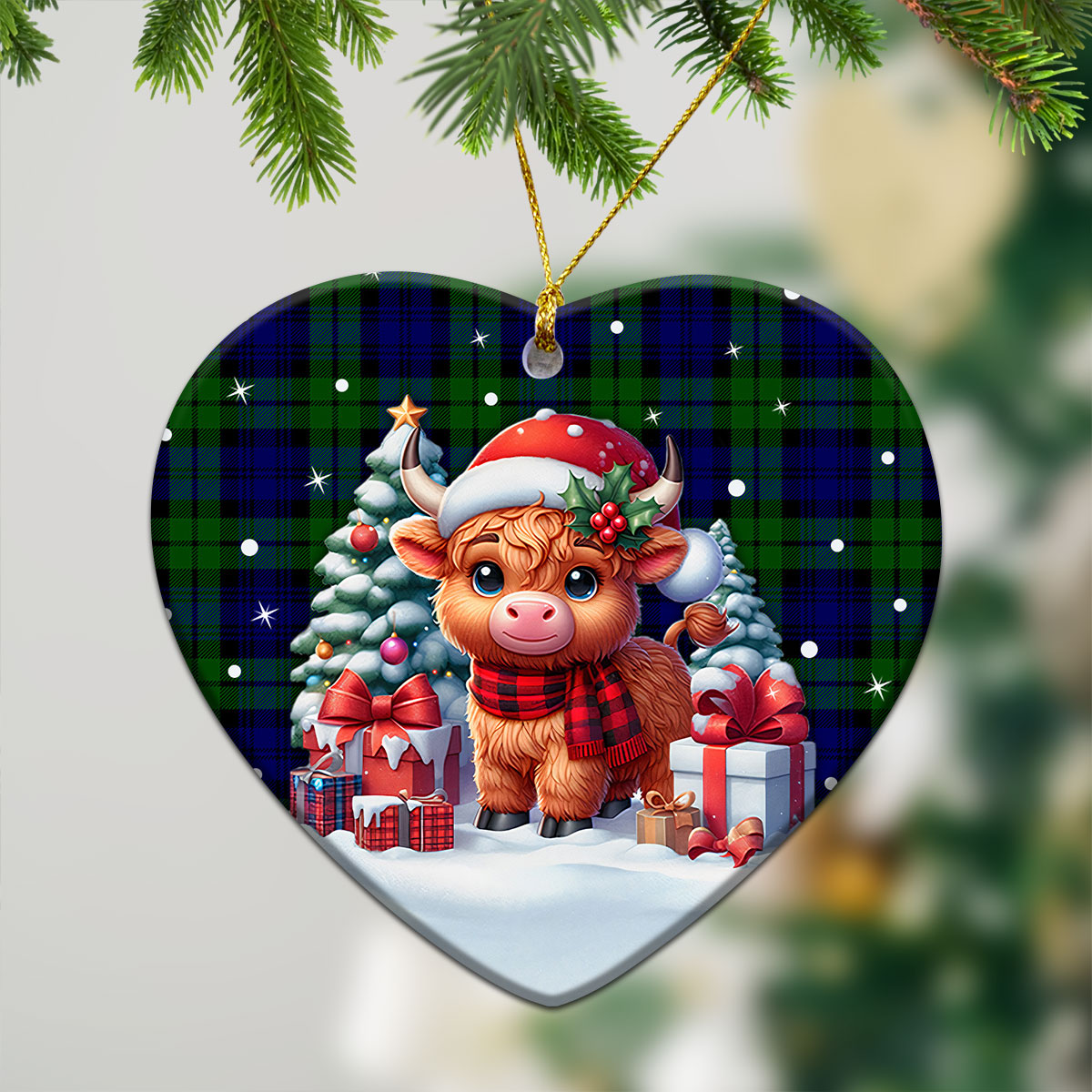 Campbell Modern Tartan Christmas Ceramic Ornament - Highland Cow Winter Style