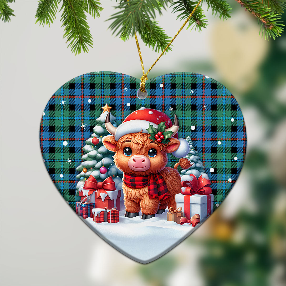 Campbell of Cawdor Ancient Tartan Christmas Ceramic Ornament - Highland Cow Winter Style