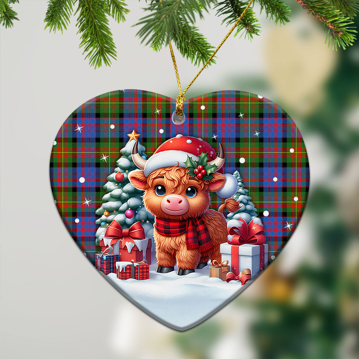 Carnegie Ancient Tartan Christmas Ceramic Ornament - Highland Cow Winter Style