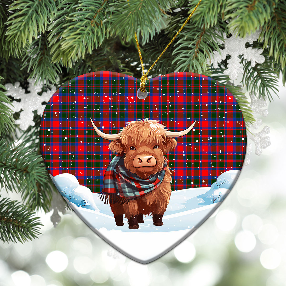 Carrick District Tartan Christmas Ceramic Ornament - Highland Cows Snow Style