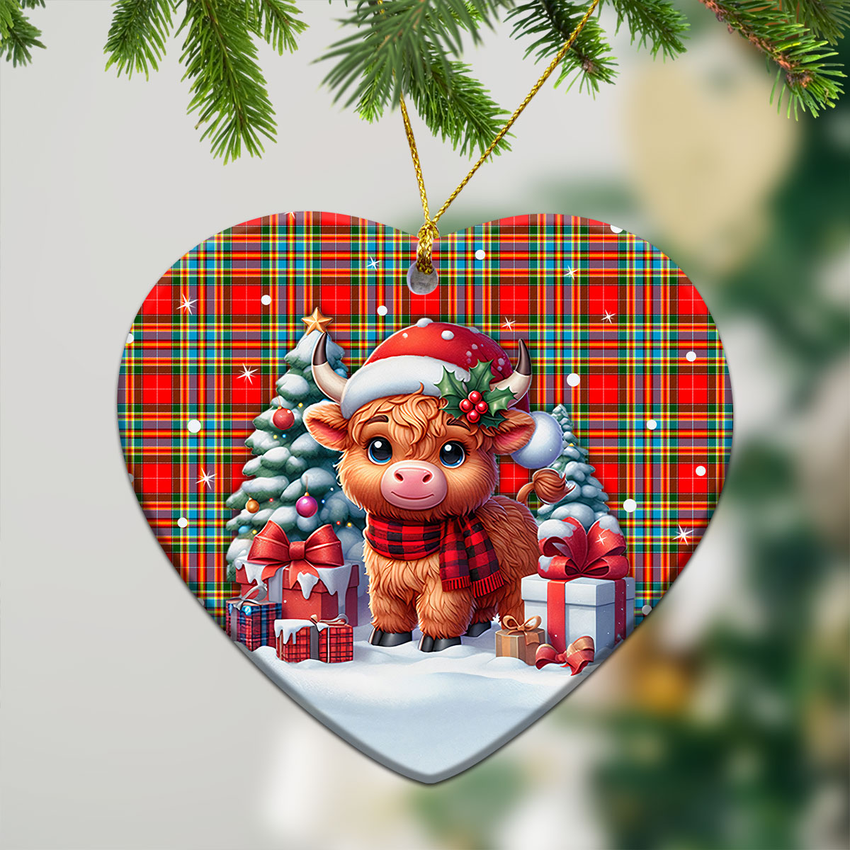 Chattan Tartan Christmas Ceramic Ornament - Highland Cow Winter Style