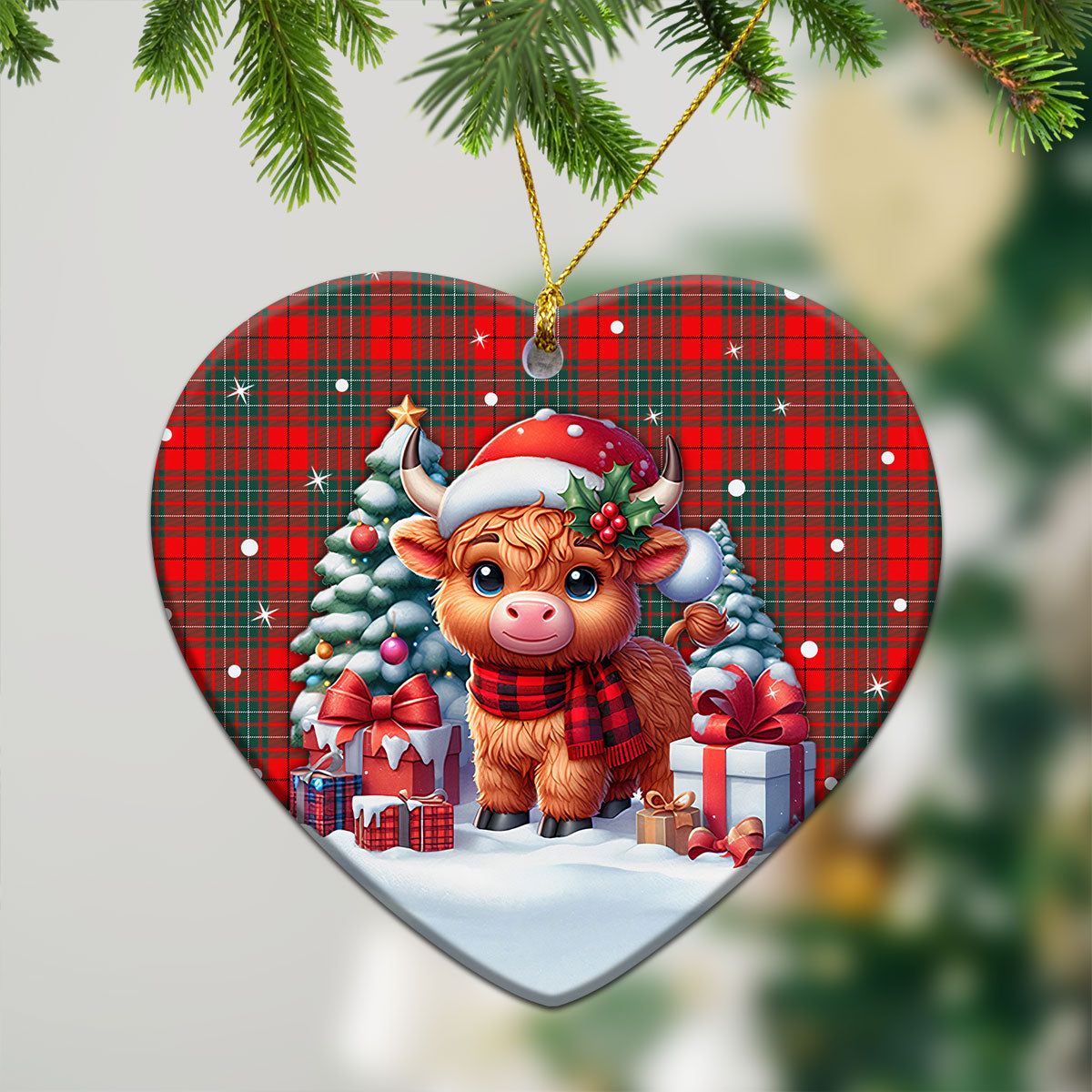 Cheyne Tartan Christmas Ceramic Ornament - Highland Cow Winter Style