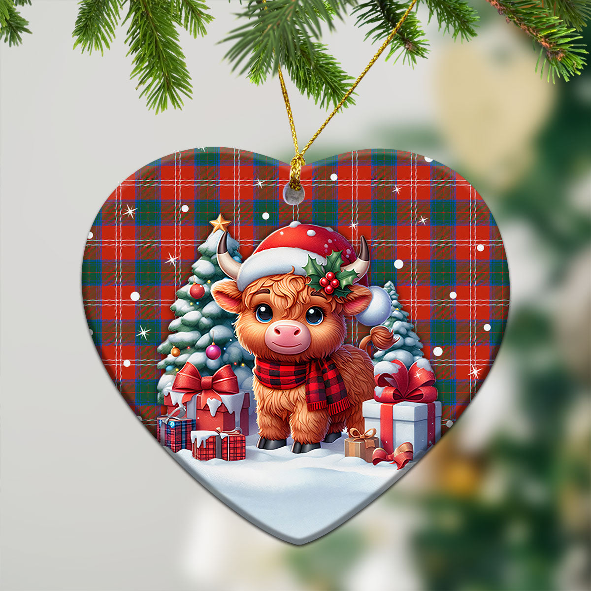 Chisholm Ancient Tartan Christmas Ceramic Ornament - Highland Cow Winter Style