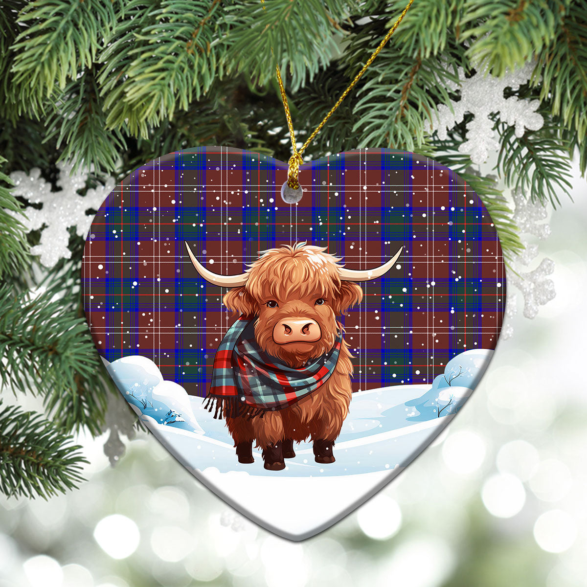 Chisholm Hunting Modern Tartan Christmas Ceramic Ornament - Highland Cows Snow Style