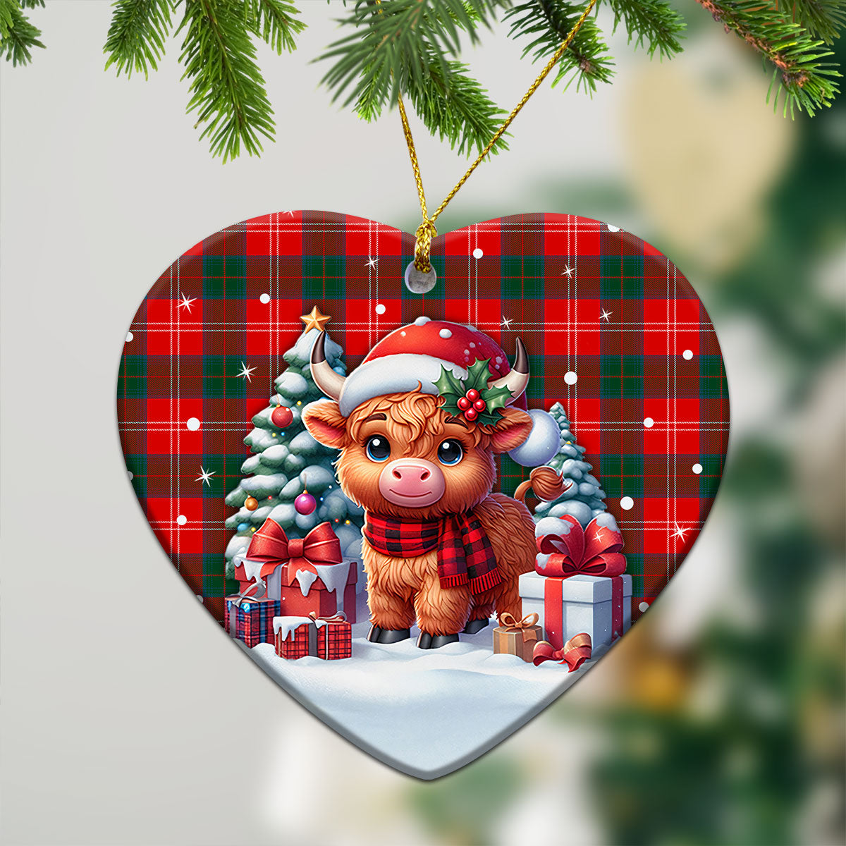 Chisholm Modern Tartan Christmas Ceramic Ornament - Highland Cow Winter Style