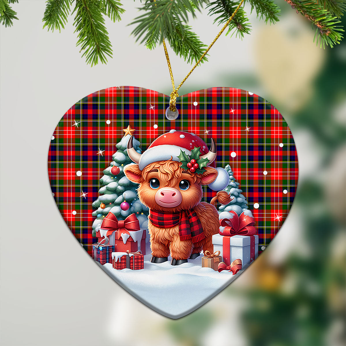 Christie Tartan Christmas Ceramic Ornament - Highland Cow Winter Style