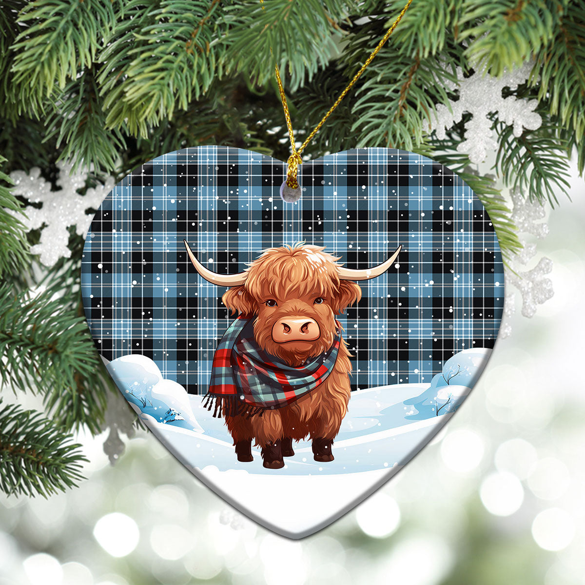 Clark Ancient Tartan Christmas Ceramic Ornament - Highland Cows Snow Style