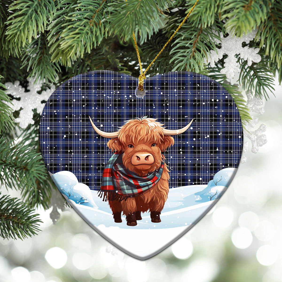 Clark Modern Tartan Christmas Ceramic Ornament - Highland Cows Snow Style