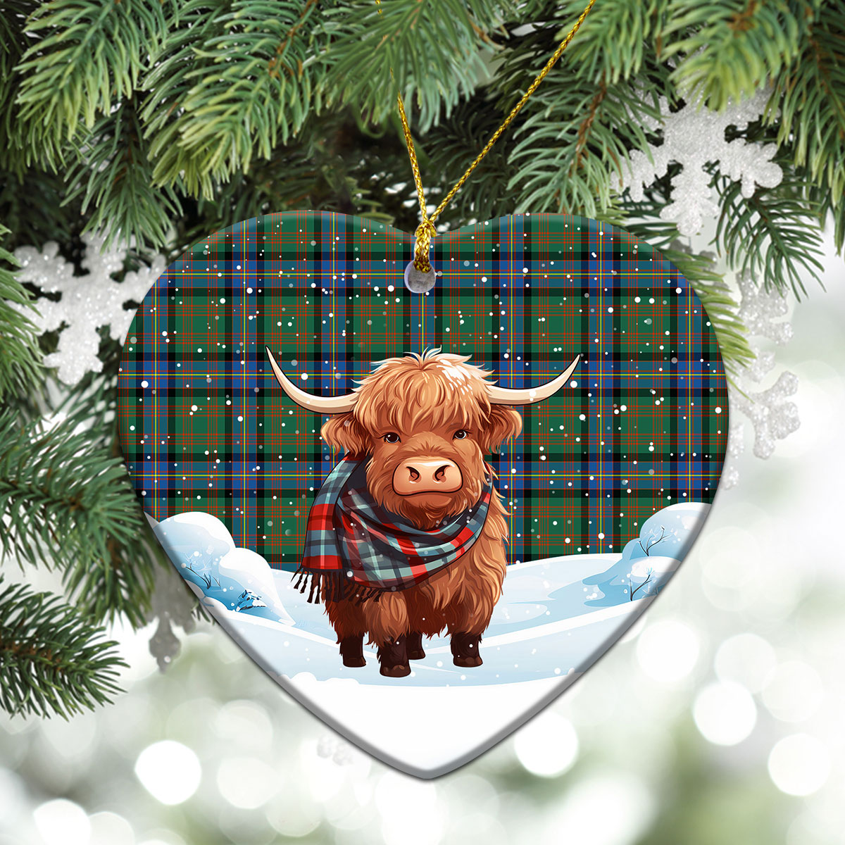 Cochrane Ancient Tartan Christmas Ceramic Ornament - Highland Cows Snow Style