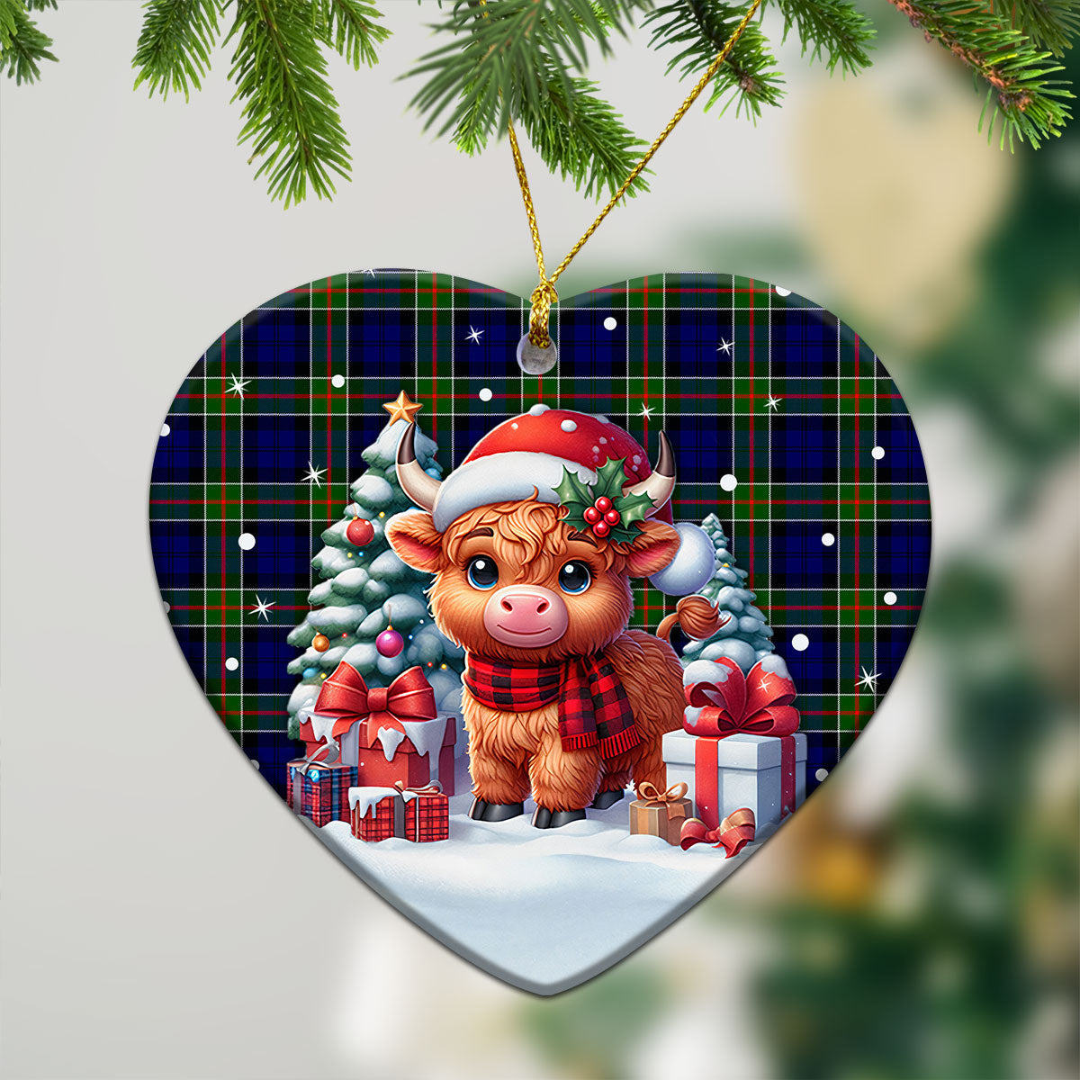 Colquhoun Modern Tartan Christmas Ceramic Ornament - Highland Cow Winter Style