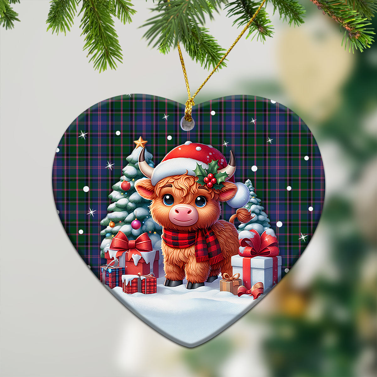 Cooper Tartan Christmas Ceramic Ornament - Highland Cow Winter Style