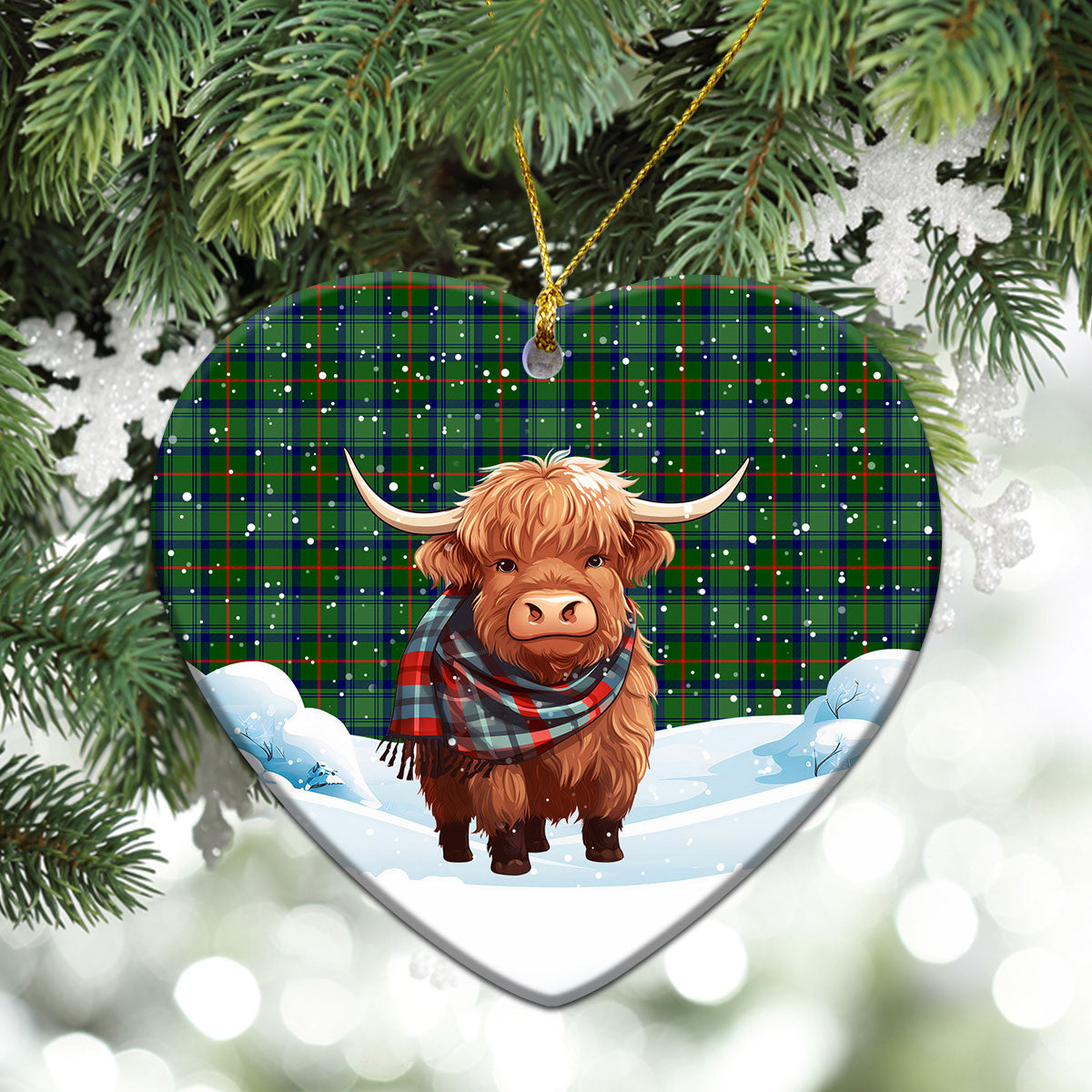 Cranstoun Tartan Christmas Ceramic Ornament - Highland Cows Snow Style