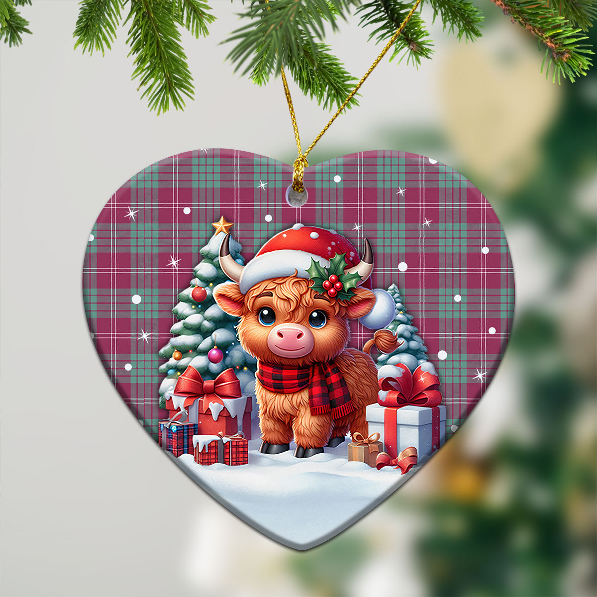 Crawford Ancient Tartan Christmas Ceramic Ornament - Highland Cow Winter Style