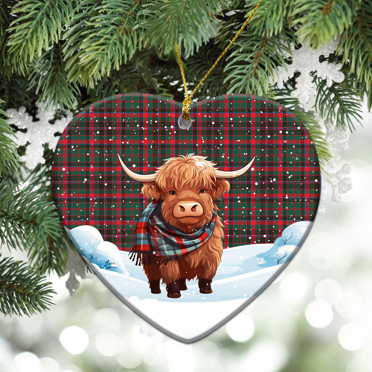 Cumming Hunting Modern Tartan Christmas Ceramic Ornament - Highland Cows Snow Style