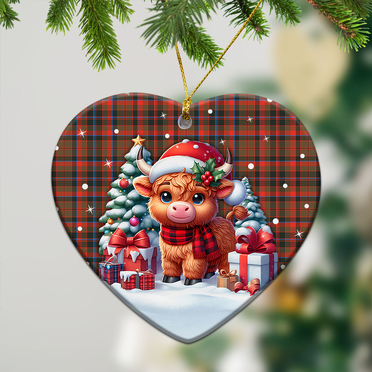 Cumming Hunting Weathered Tartan Christmas Ceramic Ornament - Highland Cow Winter Style