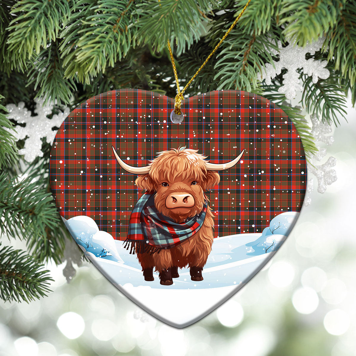 Cumming Hunting Weathered Tartan Christmas Ceramic Ornament - Highland Cows Snow Style