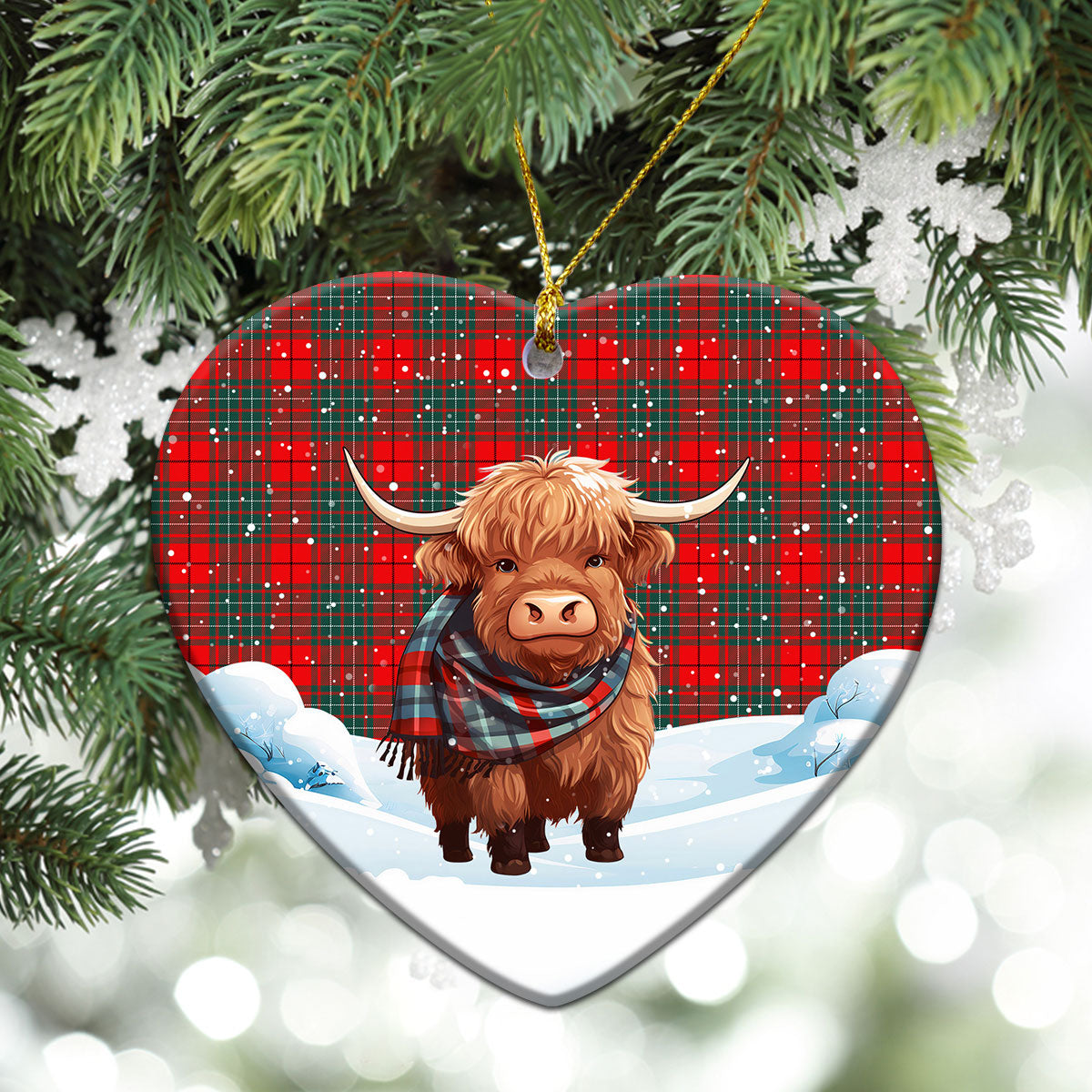 Cumming Modern Tartan Christmas Ceramic Ornament - Highland Cows Snow Style