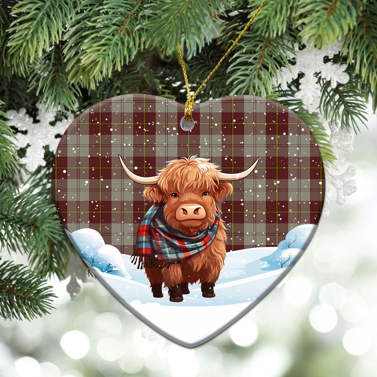 Cunningham Burgundy Dancers Tartan Christmas Ceramic Ornament - Highland Cows Snow Style