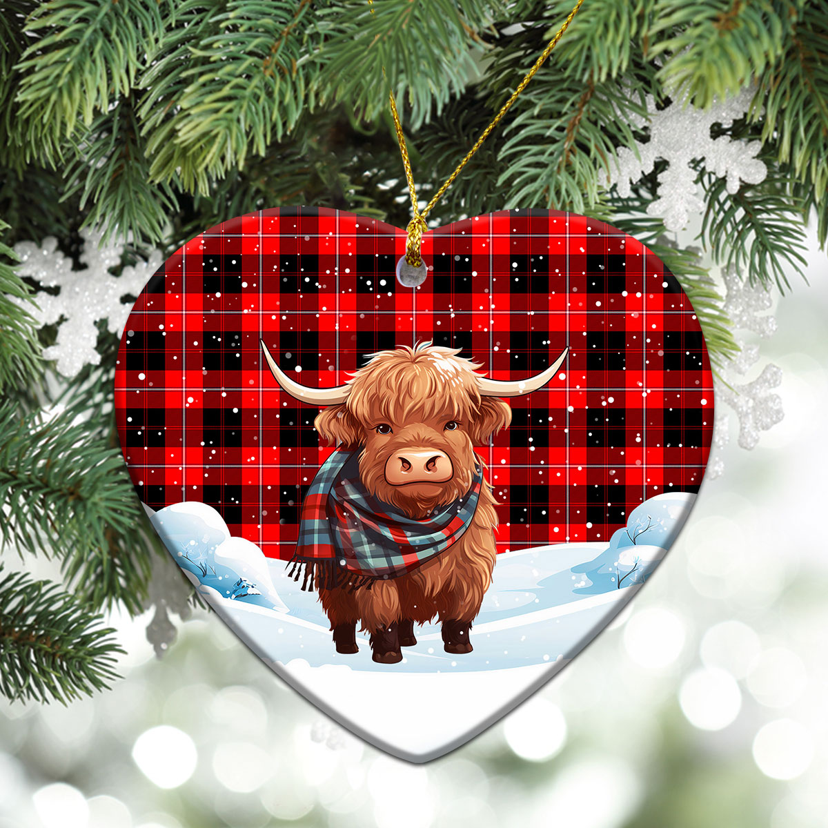 Cunningham Modern Tartan Christmas Ceramic Ornament - Highland Cows Snow Style