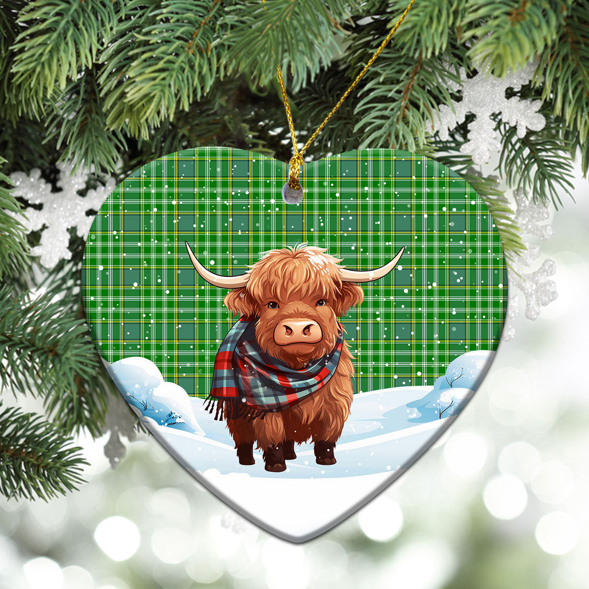 Currie Tartan Christmas Ceramic Ornament - Highland Cows Snow Style