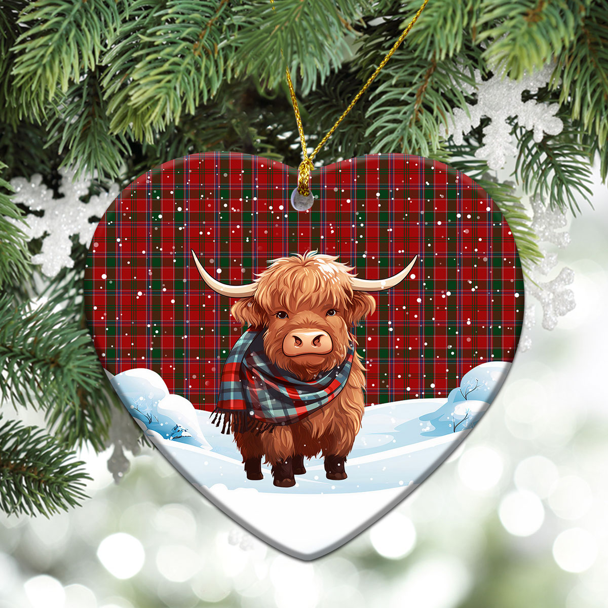 Dalzell Tartan Christmas Ceramic Ornament - Highland Cows Snow Style