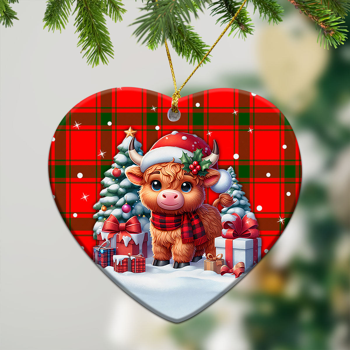 Darroch (Gourock) Tartan Christmas Ceramic Ornament - Highland Cow Winter Style