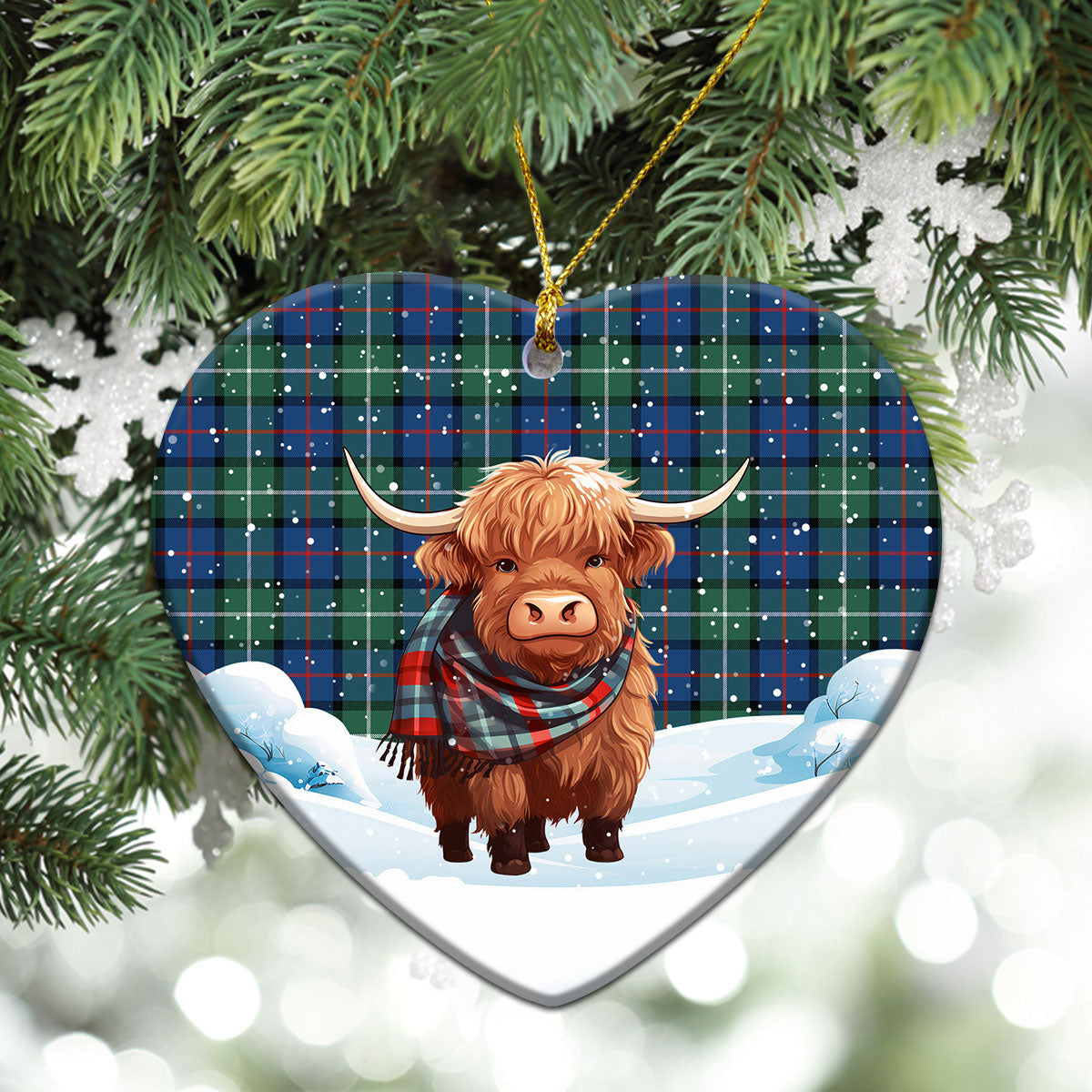 Davidson of Tulloch Tartan Christmas Ceramic Ornament - Highland Cows Snow Style