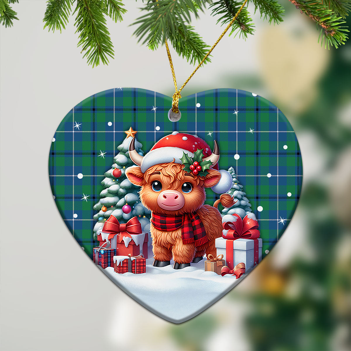 Douglas Ancient Tartan Christmas Ceramic Ornament - Highland Cow Winter Style